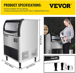 VEVOR 110V Commercial Ice Maker 265LBS/24H, Large Storage Bin 121LBS, 265LBS