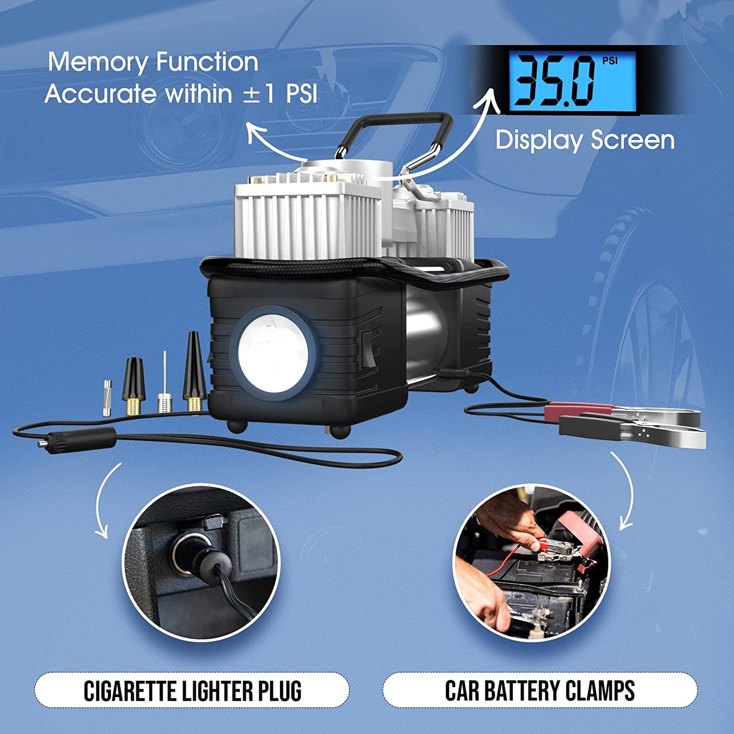OlarHike 12V Portable Air Compressor, 150PSI Dual Cylinder Metal Pump Silver