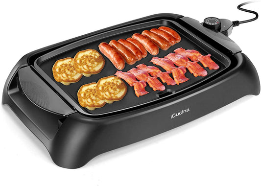 iCucina 1000 Watt Non-Stick Even-Heating Flat Electric Griddle Black