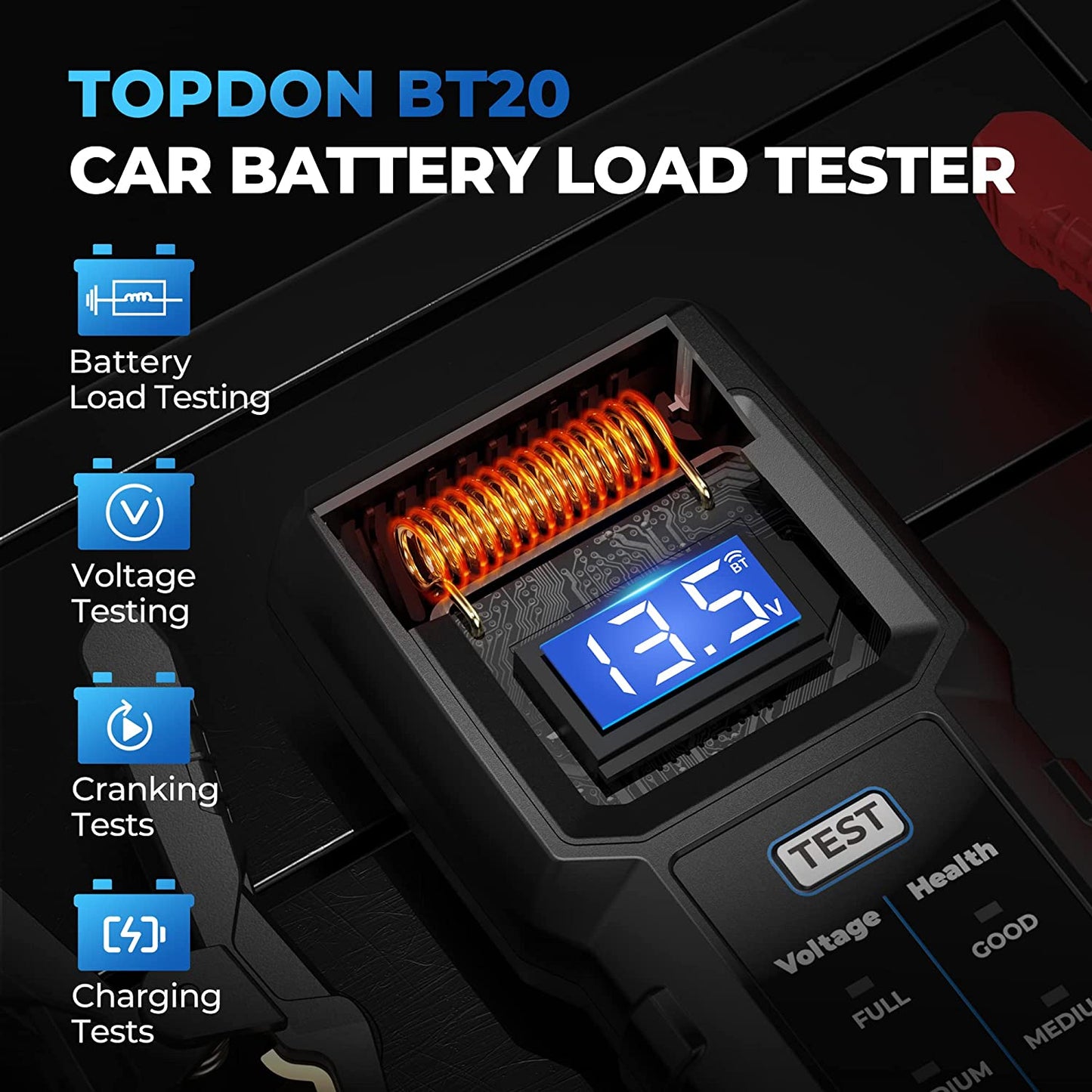 12V Car Battery Tester, TOPDON BT20 Load Voltage Red, Black