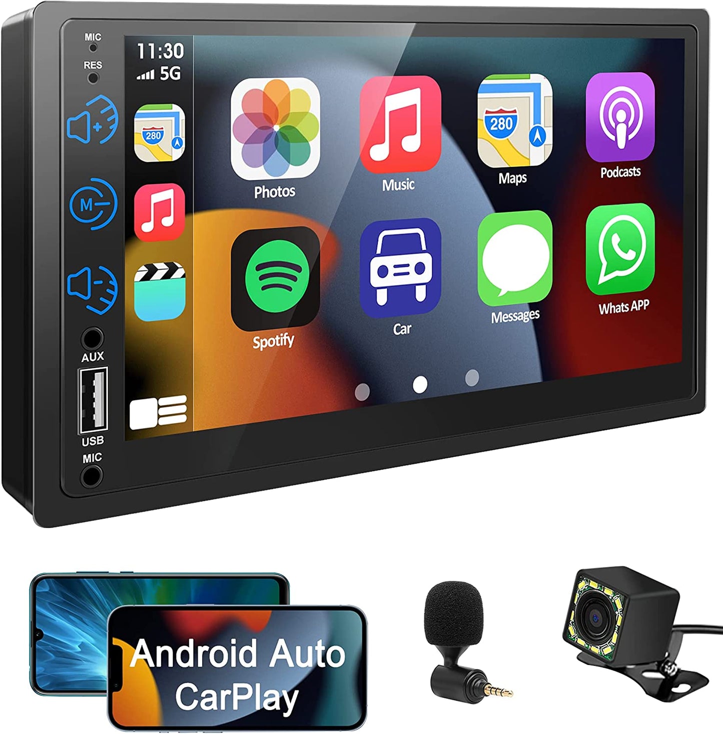 Double Din Car Stereo Compatible with Apple Carplay & Android Auto,7 Black