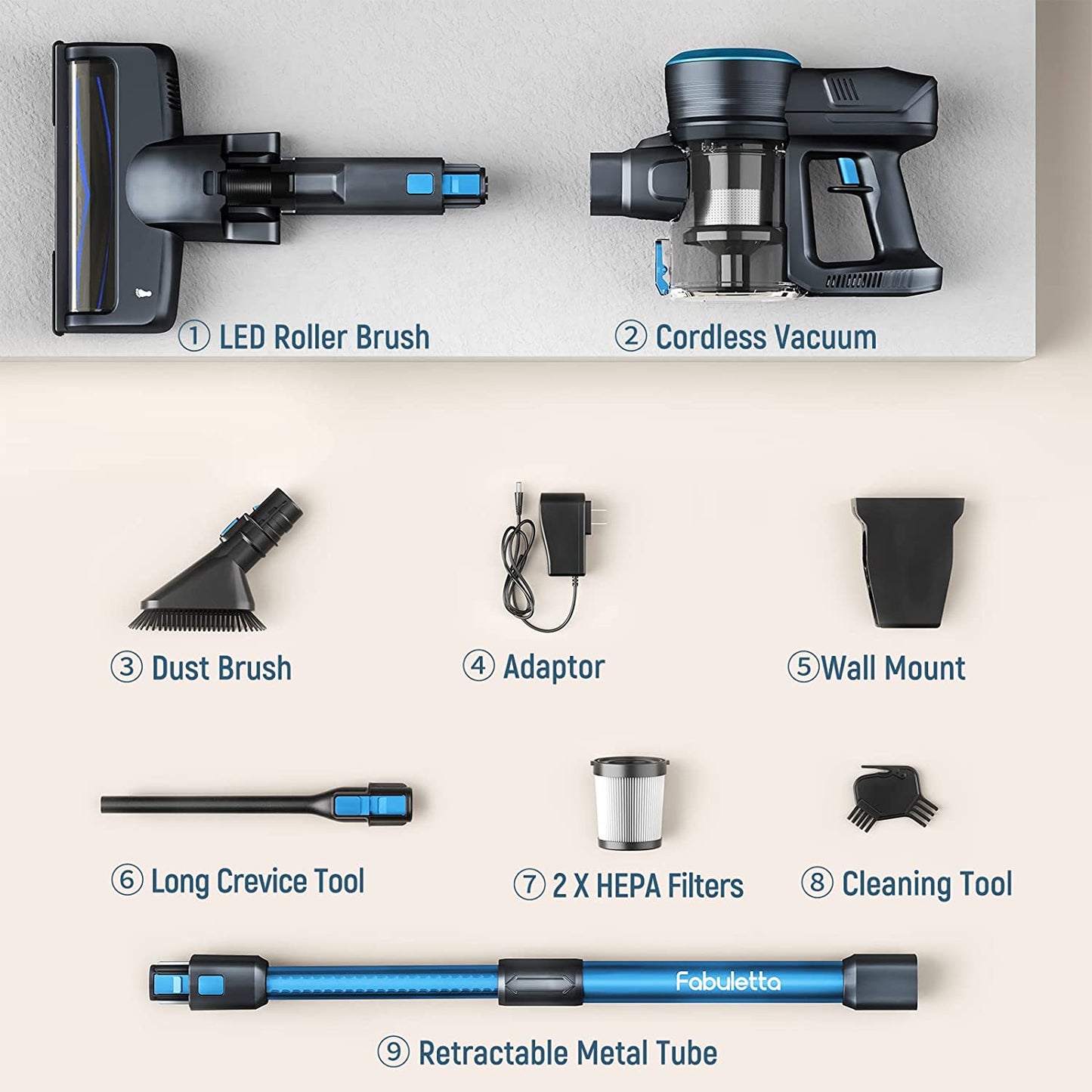 Fabuletta 24 Kpa Cordless Vacuum Cleaner - 6 in 1 Lightweight Stick Blue