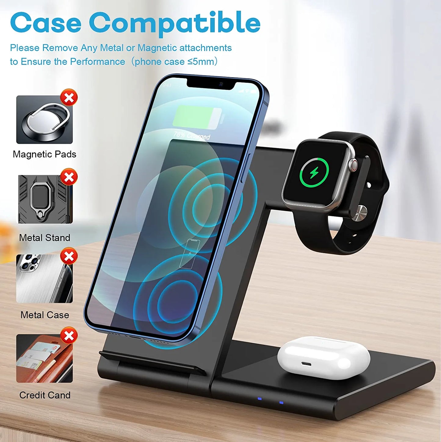 WATOE Wireless Charger 3 in 1 Charging Station for iPhone 14/13/12 Black