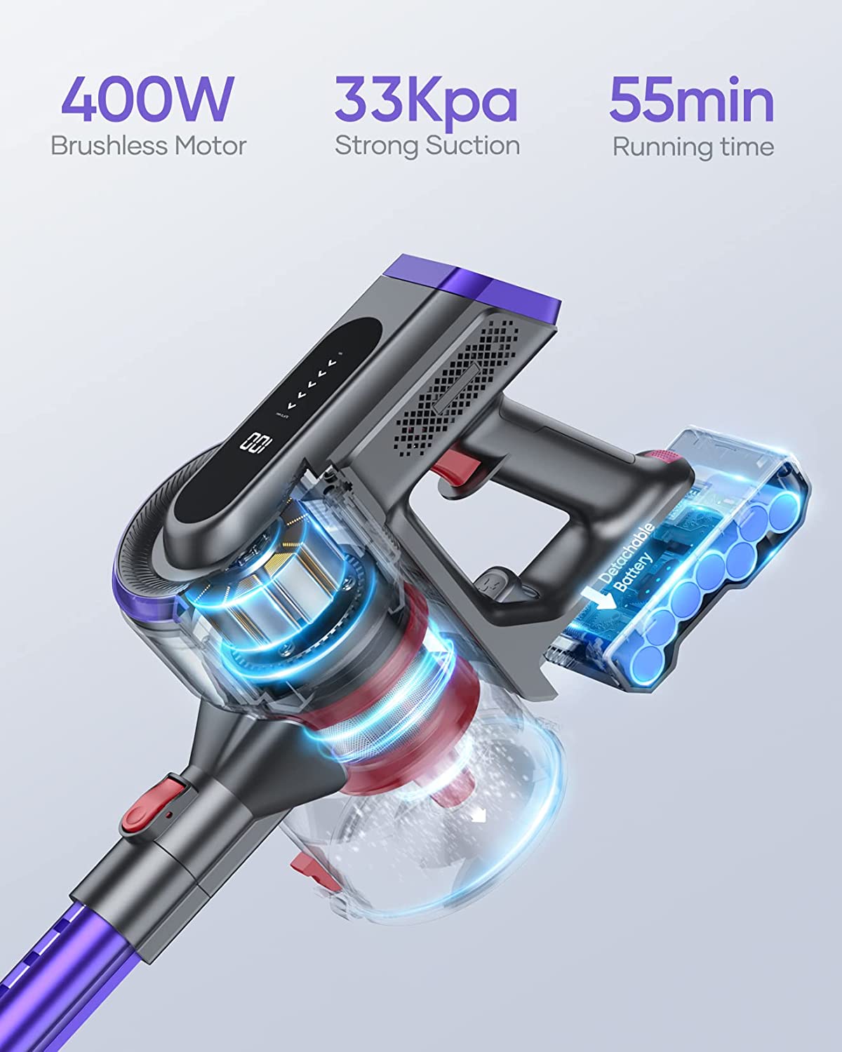 BuTure Cordless Vacuum Cleaner, 400W 33Kpa Powerful Stick with 55min...