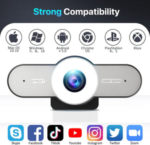 1080P Webcam with Microphone - 60FPS Streaming Camera w/2 Grey