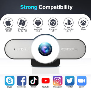 1080P Webcam with Microphone - 60FPS Streaming Camera w/2 Grey