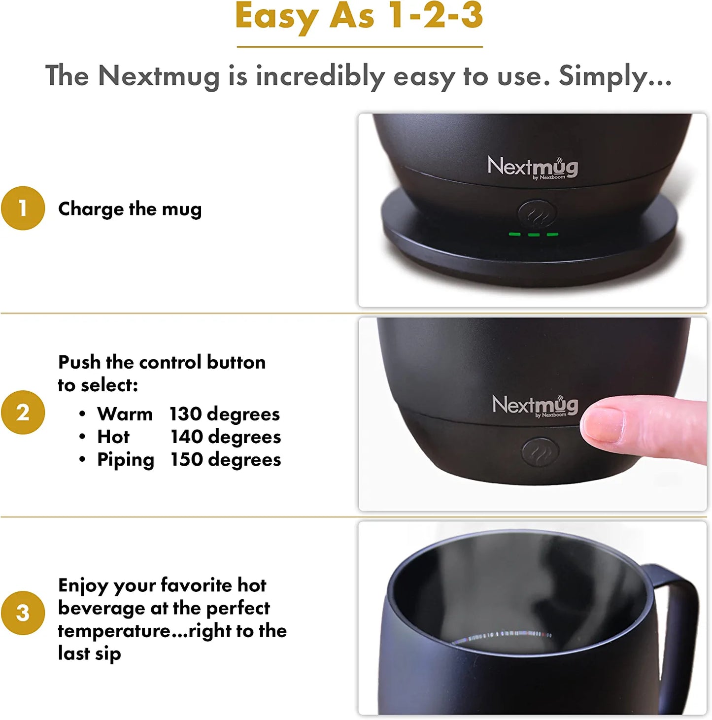 Nextmug - Temperature-Controlled, Self-Heating Coffee Mug (Black - 14 Black