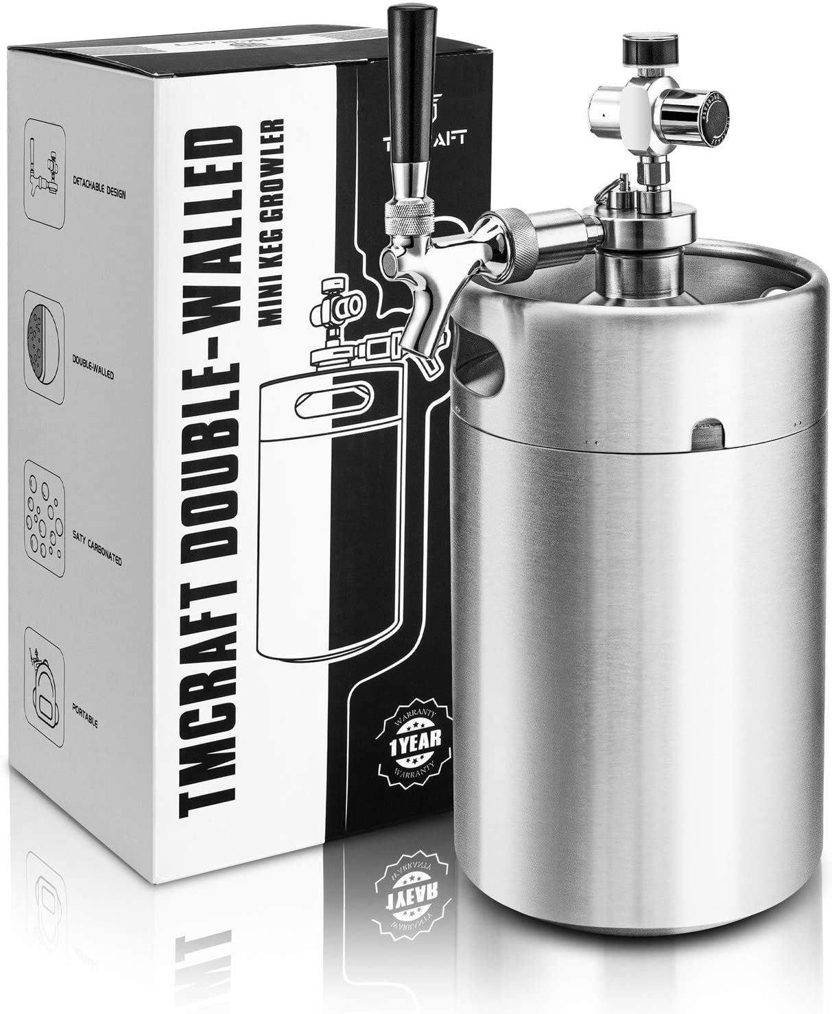 TMCRAFT 128OZ Double-Walled Mini Keg Growler, Pressurized Home Beer...