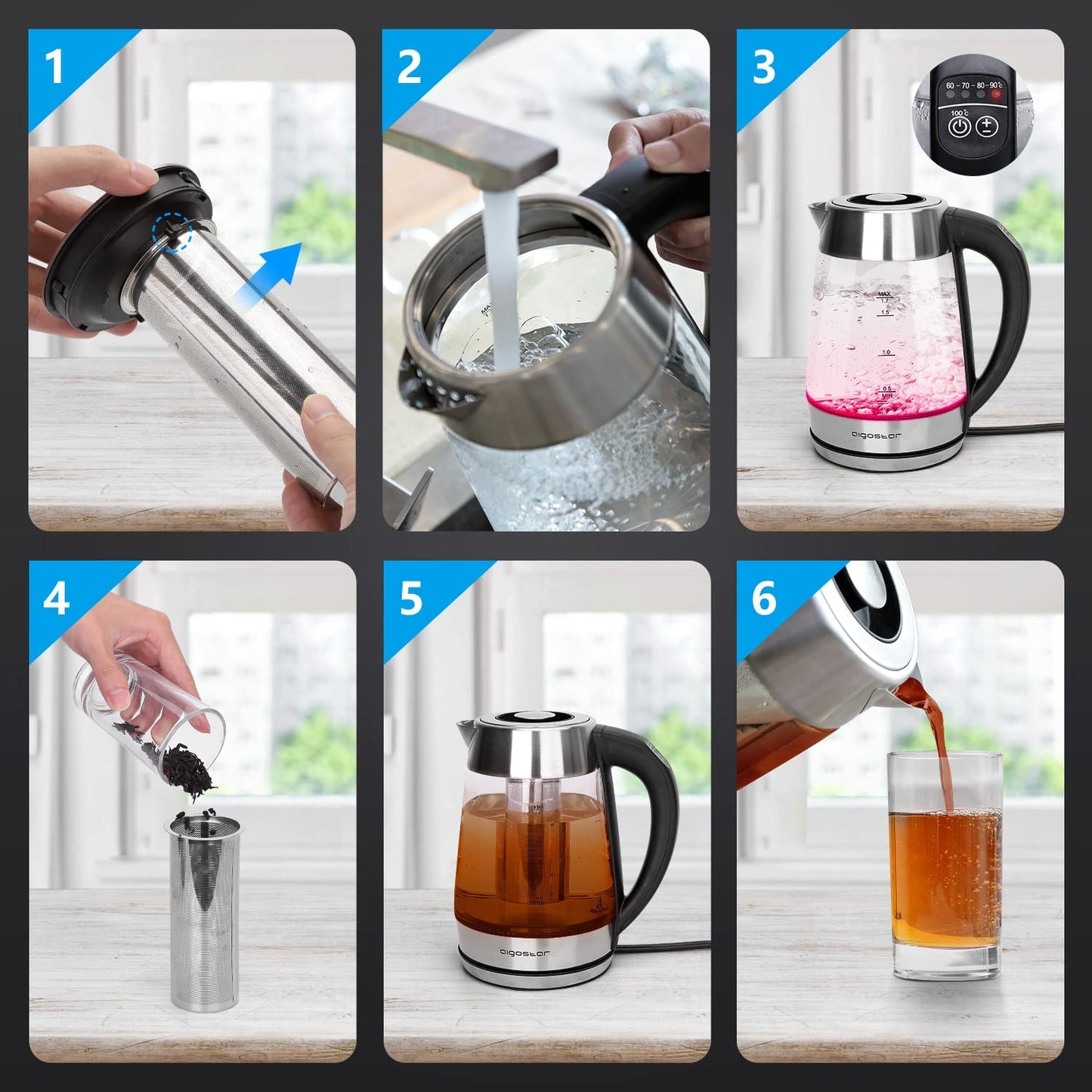 Aigostar Electric Kettle Temperature Control & Tea Infuser 1.7L, Hot Black