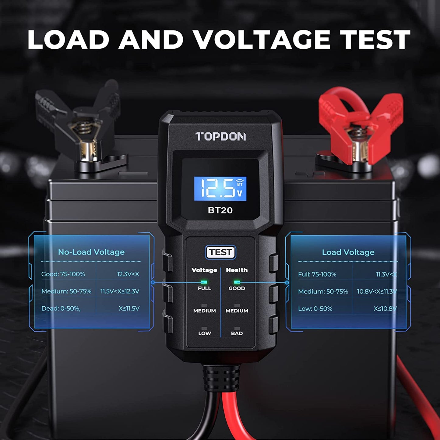 12V Car Battery Tester, TOPDON BT20 Load Voltage Red, Black