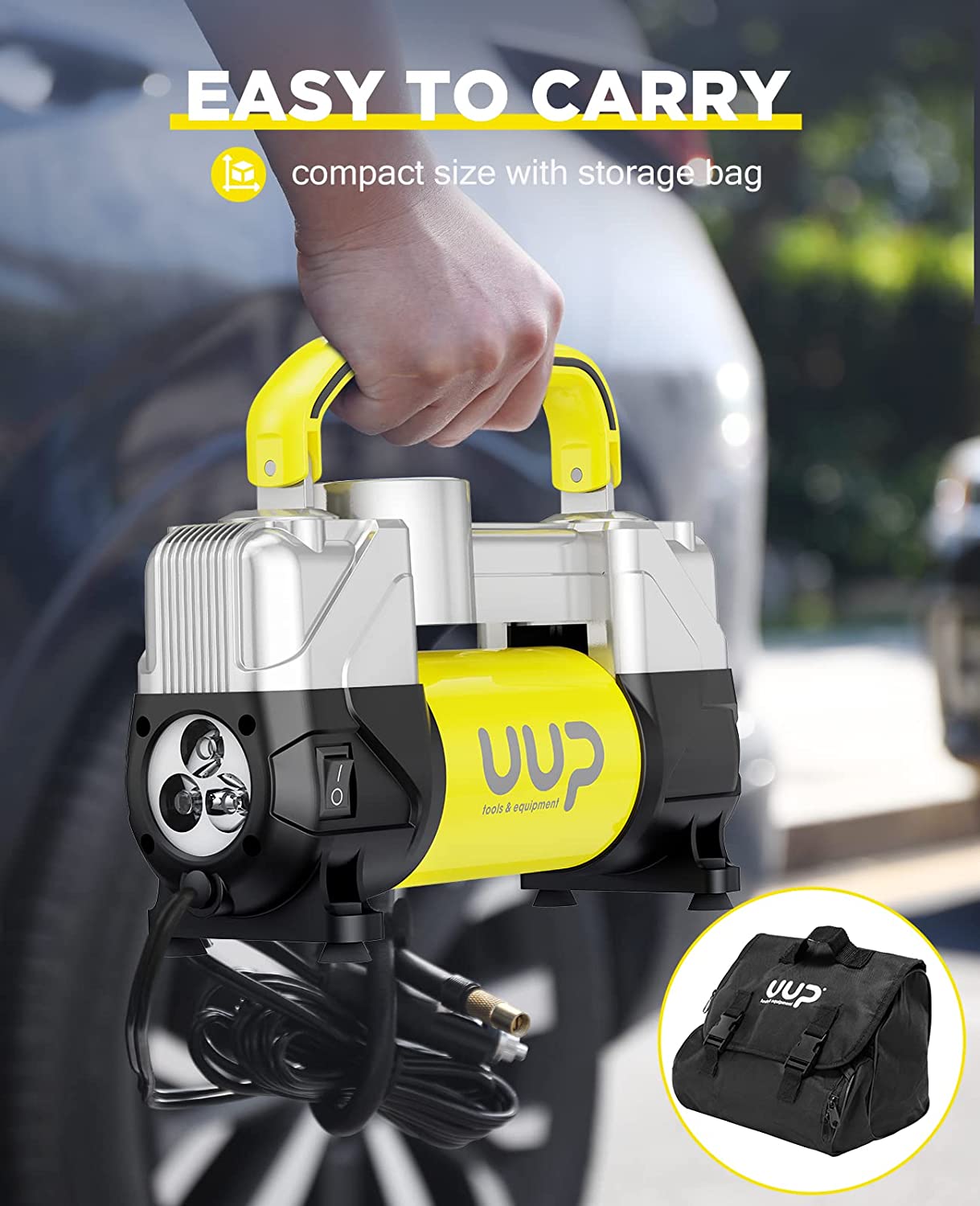 UUP Tire Inflator Air Compressor, 150PSI 12V DC Double Cylinders Heavy Yellow