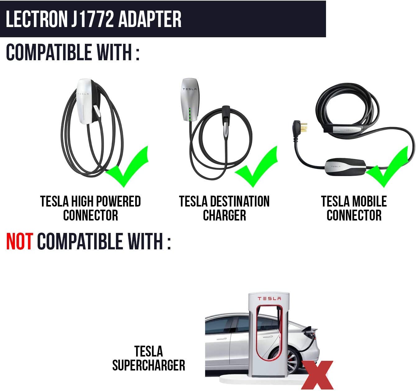 Lectron - Tesla to J1772 Adapter, Max 40A & 250V - Compatible with Black