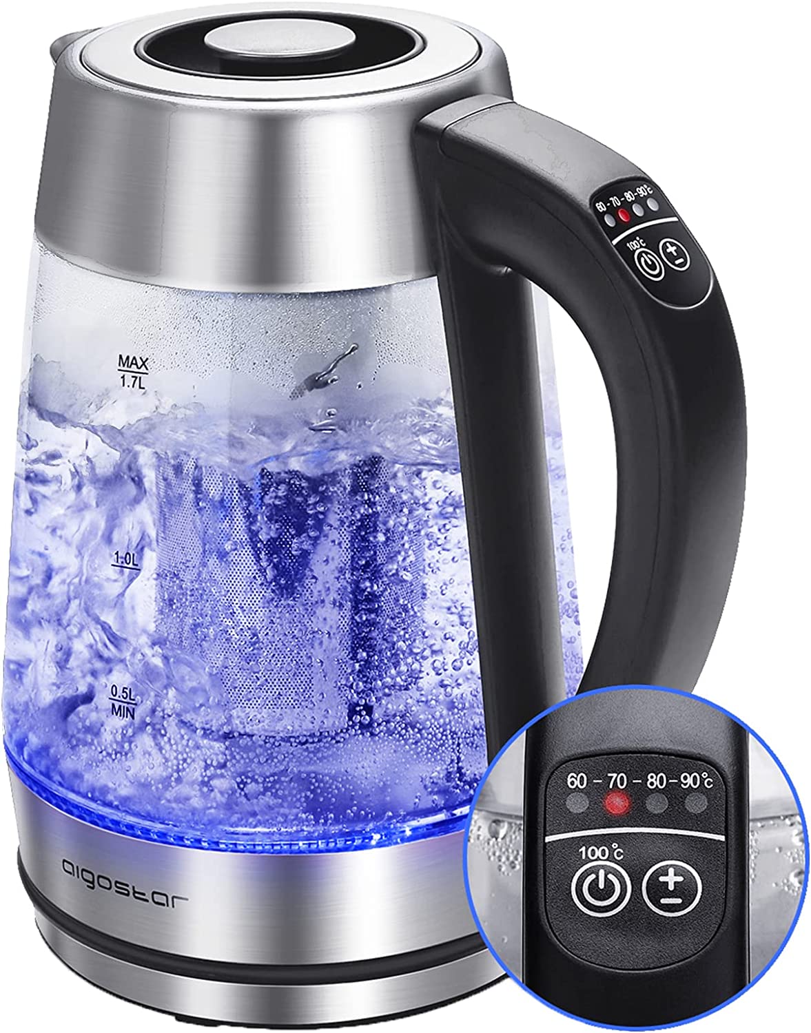 Electric Tea Kettle with Infuser: 1.7L Bpa-Free Glass Hot Water Boiler,  with Tem
