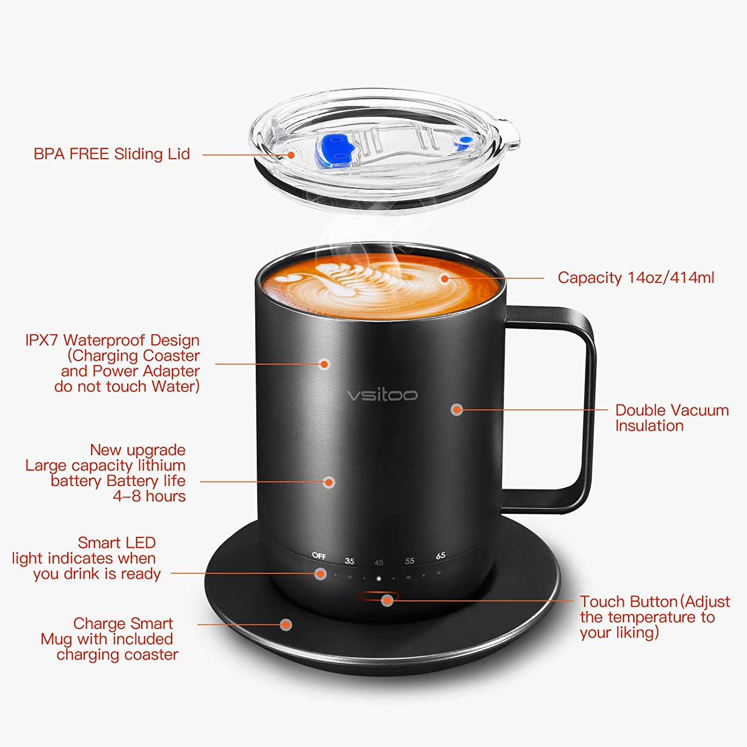  vsitoo S3 Temperature Control Smart Mug 2 with Lid