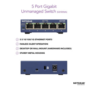 NETGEAR 5-Port Gigabit Ethernet Unmanaged Switch (GS105NA) - Desktop, and...