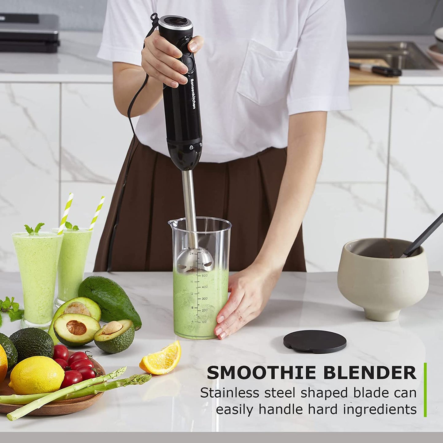 Bonsenkitchen Handheld Blender, Electric Hand Blender 12-Speed & 1-basic