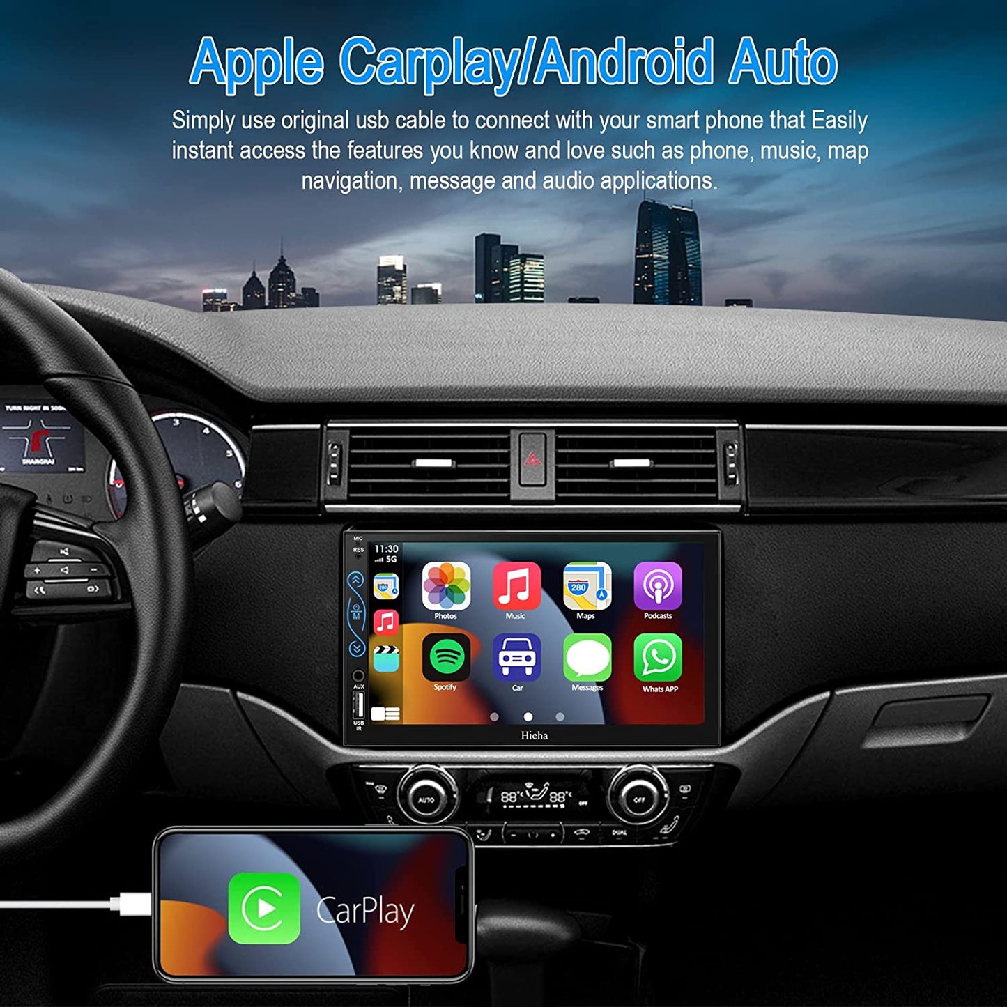 Hieha Car Stereo Compatible with Apple Carplay and Android Auto, 7 Inch Black