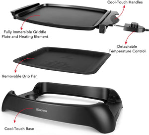 iCucina 1000 Watt Non-Stick Even-Heating Flat Electric Griddle Black