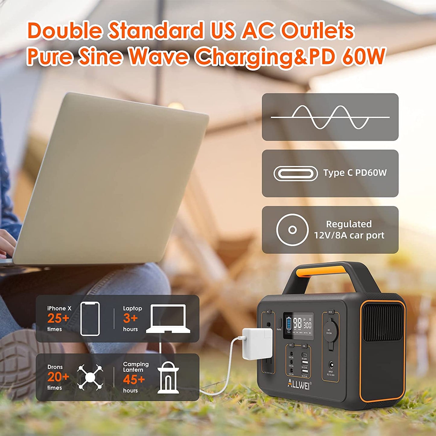 ALLWEI Portable Power Station, 300W/Peak 600W Solar Generator 280Wh/78000mAh...