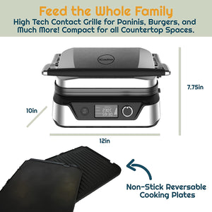 iCucina Contact Griddle|1500W Non-Stick Electric Stainless Steel,Silver