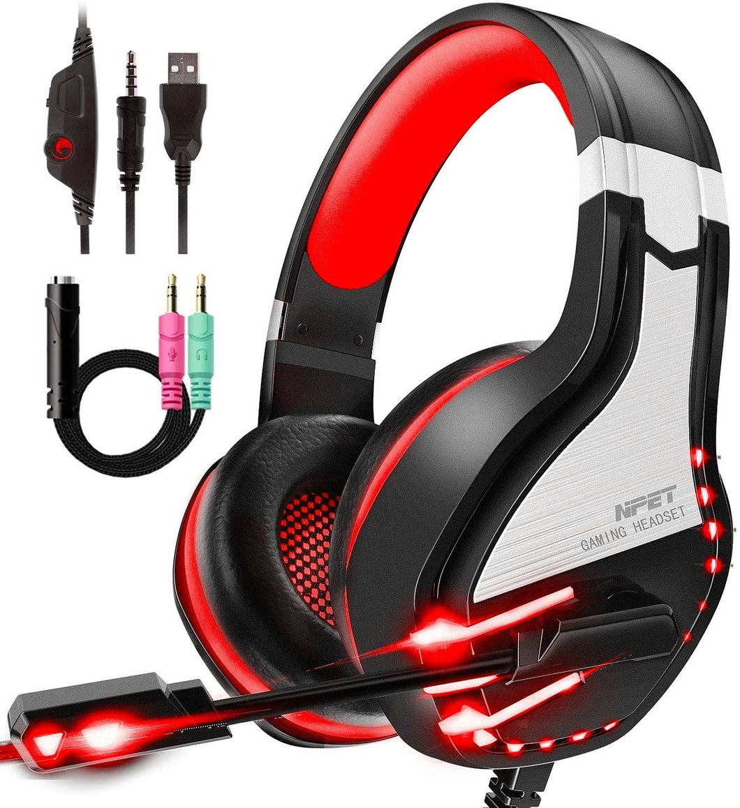 NPET HS10 Stereo Gaming Headset for PS4, PC, Xbox One Controller, Noise Red