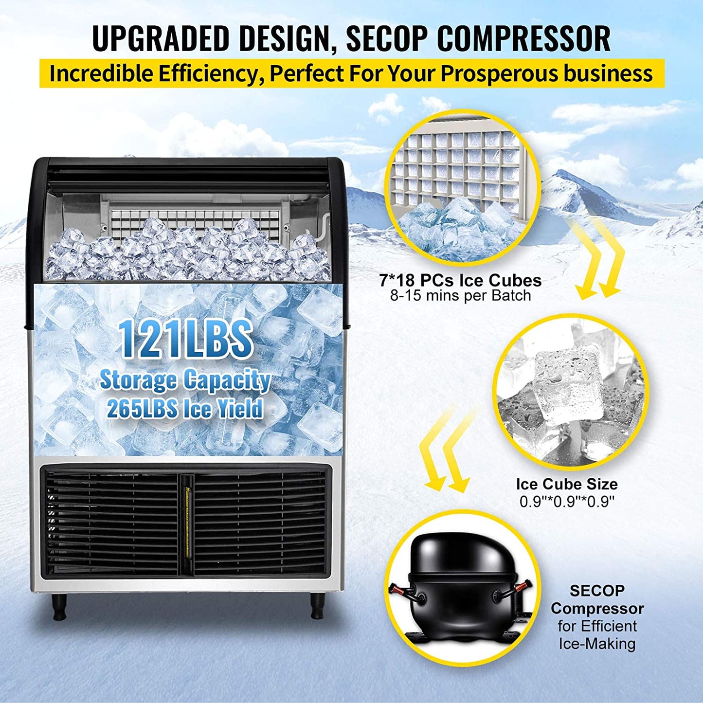 VEVOR 110V Commercial Ice Maker 265LBS/24H, Large Storage Bin 121LBS, 265LBS