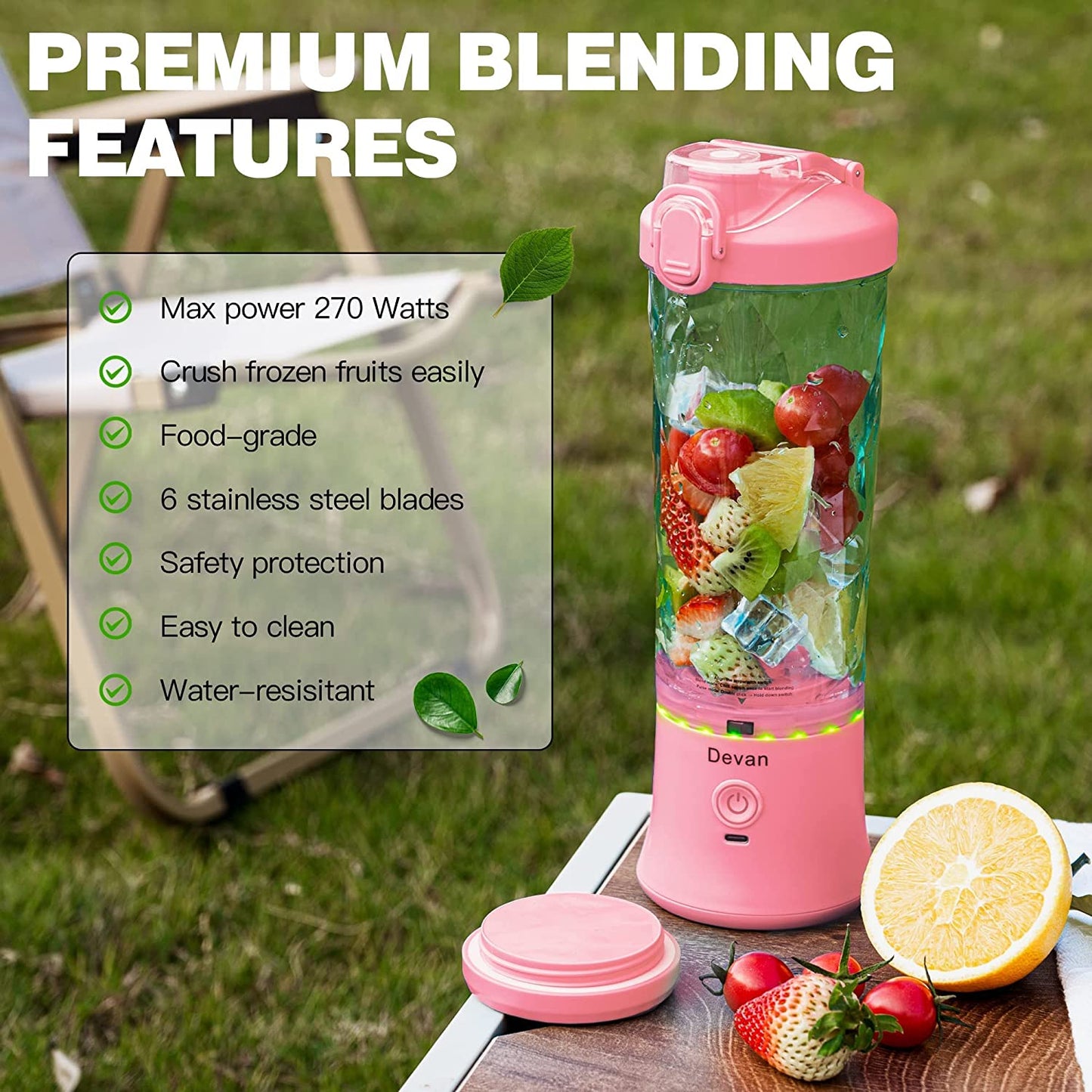 Portable Blender,270 Watt for Shakes and Smoothies Waterproof Blender Pink