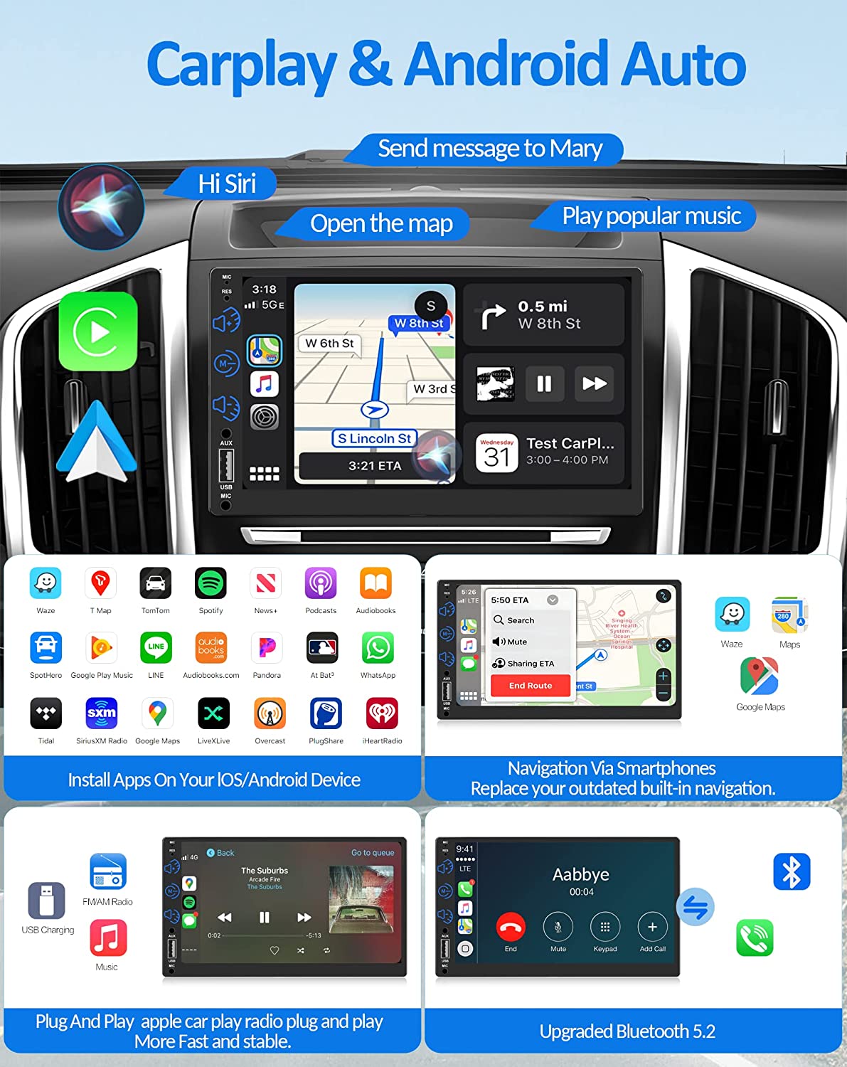 Double Din Car Stereo Compatible with Apple Carplay & Android Auto,7 Black