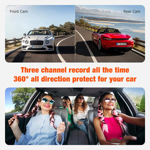 LAMTTO 3 Channel Dash Cam Front and Rear 1080P+720P+720P Car Camera IR Black