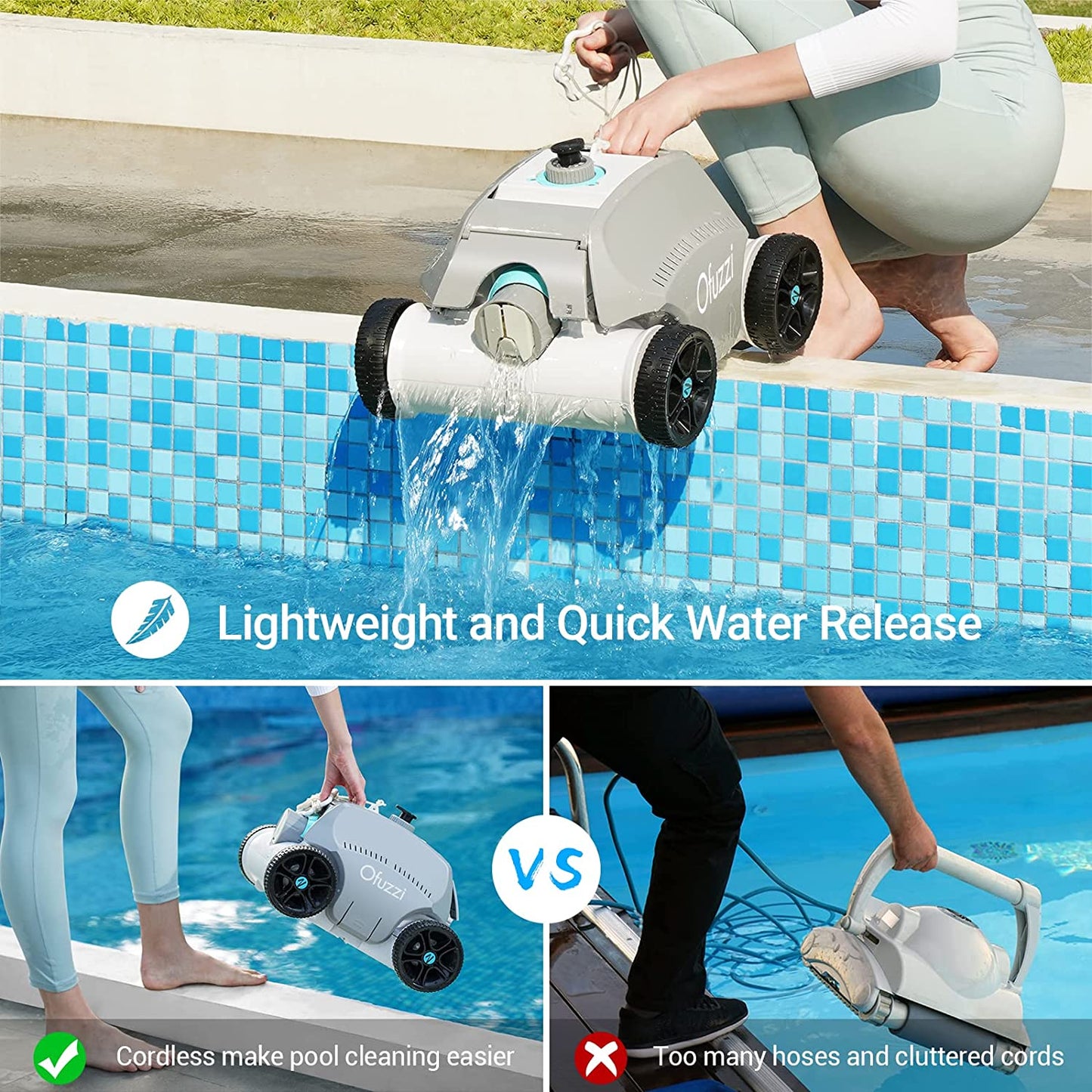 Ofuzzi Cordless Robotic Pool Cleaner, Max.120 Mins Runtime, Gray
