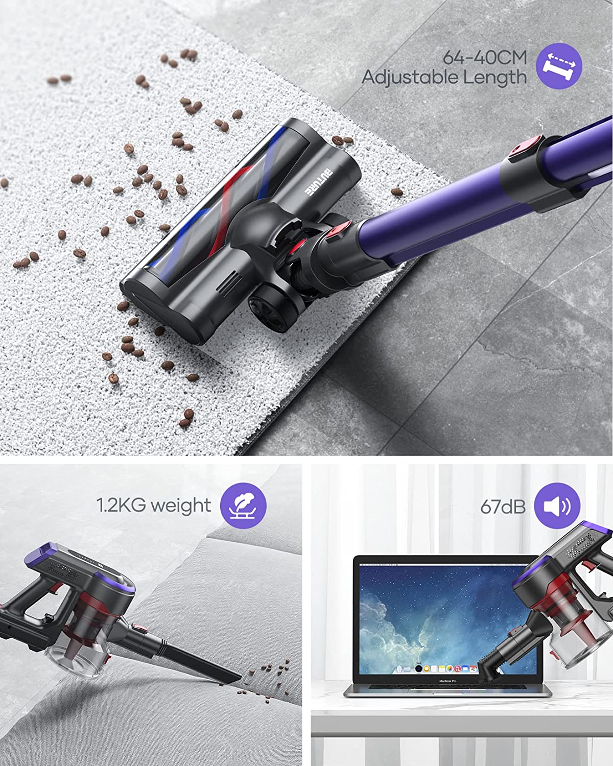 BuTure Cordless Vacuum Cleaner, 400W 33Kpa Powerful Stick with 55min...