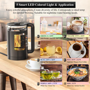 Electric Kettle, Intelligent Temp Control, One Wipe Clean, 5 LED Light Black