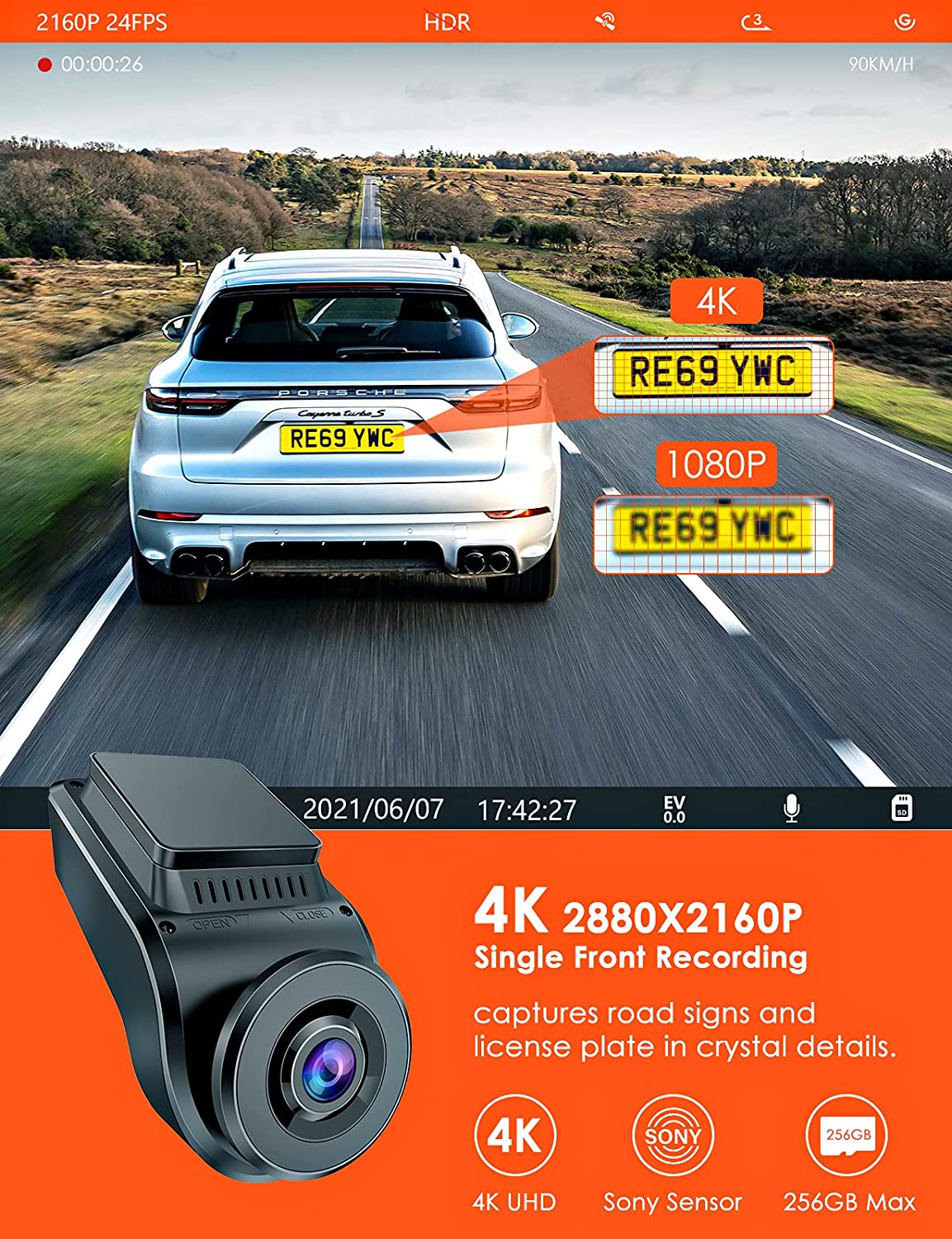 Vantrue S1 4K Dash Cam Built in GPS Speed, Front and Rear Dual 1080P Black